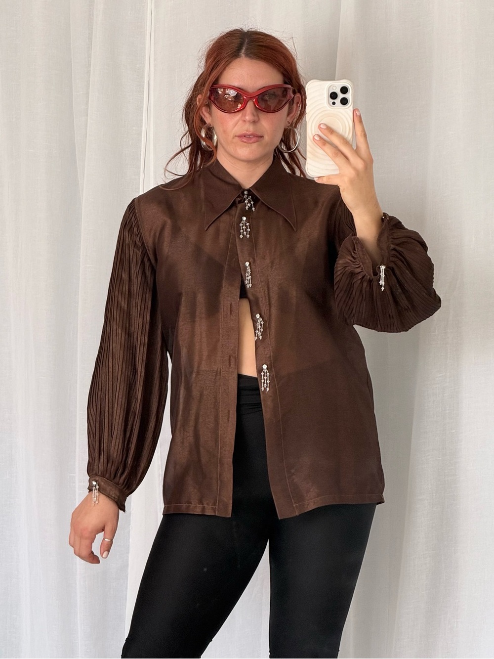 80s chocolate sheer crystal blouse ✧